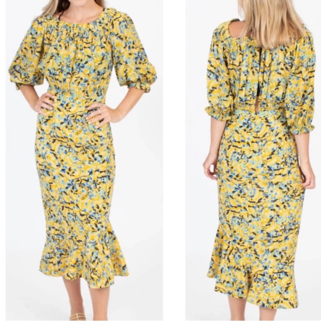 Saloni Grace Yellow And Blue Floral Silk Midi Dress Nwot